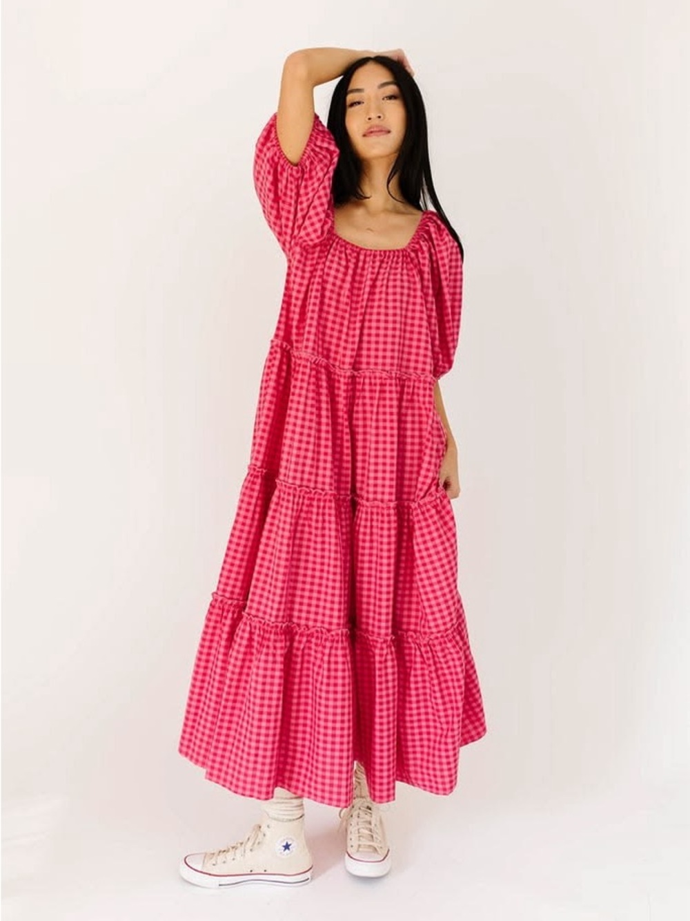 Tiered Gingham Maxi Dress in Pink
